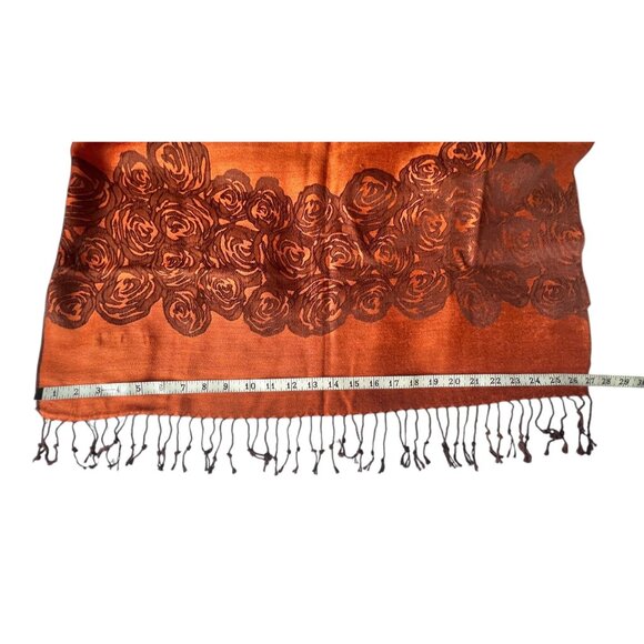 100% Cashmere Rox Scarf With Rose Pattern 27"x71" &  3" Fringe Orange Brown - Picture 7 of 10